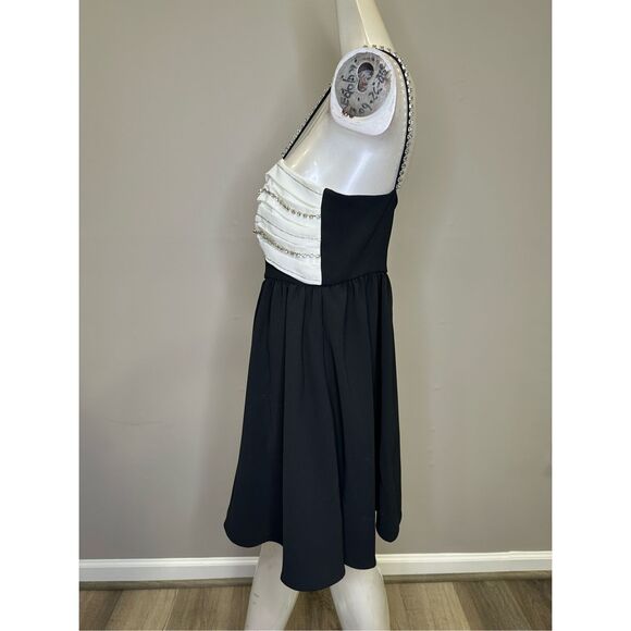 NWT Self-Portrait Crepe Embellished Two-Tone Mini Dress With White Bow Black 10 - Picture 5 of 9